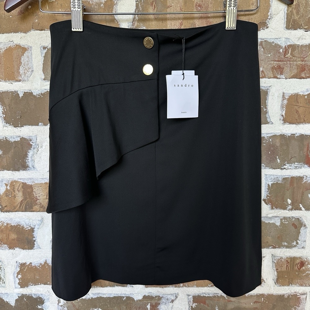 Sandro Paris Janne Mini Skirt A-line Women's Size 0 Black Gold Button NWT Luxury